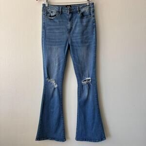 Simple Society Sneak Flare Jeans Women Size 9 Blue Distressed Knee High Rise Y2K
